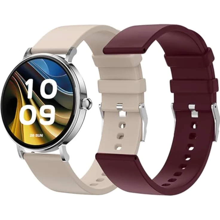 SPC Smartee Duo Velvet, Smartwatch 41mm AMOLED, Bluetooth, Silber mit weißer und burgunderfarbener Armband, IP68, SpO2, integrierter Pulsmesser