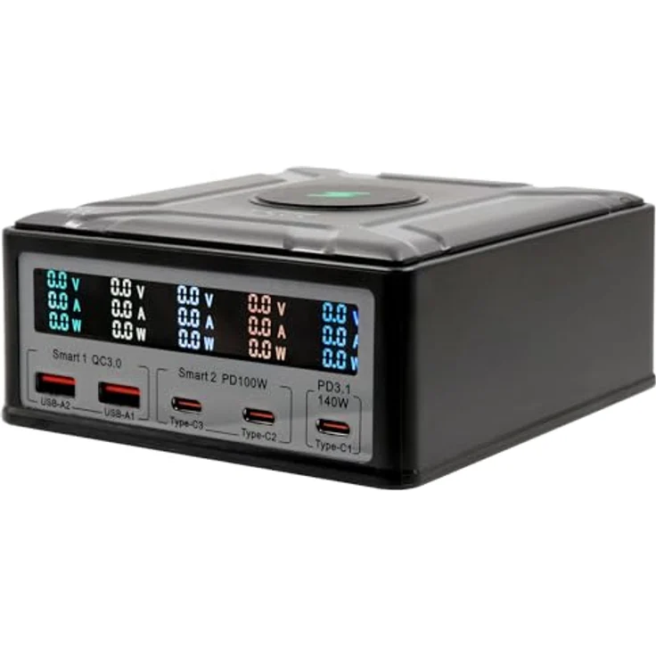 Exsys EX-1107 Multiport High Power Charger, 260W mit QI 15W und USB-C PD, 6 Geräte gleichzeitig ladefähig, Display mit Ladeinfos – Bild 2