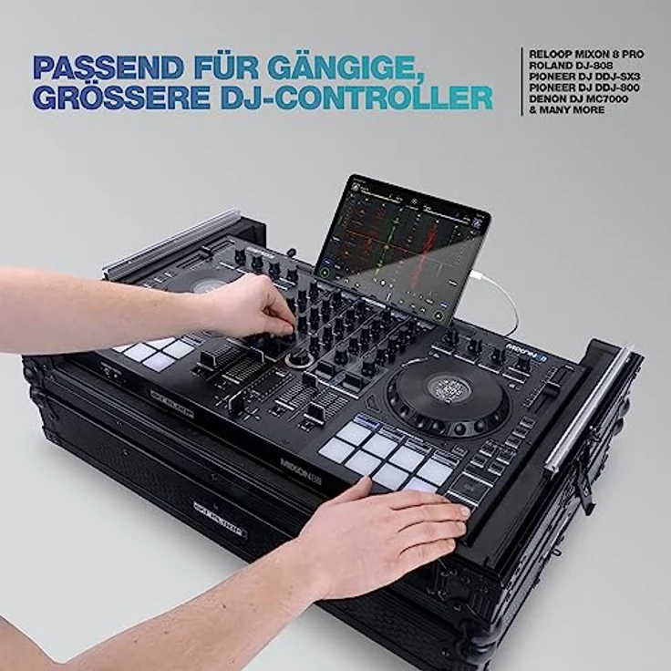 Reloop Premium Large Controller Case, handgefertigtes DJ Controller Case aus robustem Holz und hochwertigem Aluminium mit integriertem Laptop Tray und gefederten Transportgriffen – Bild 4