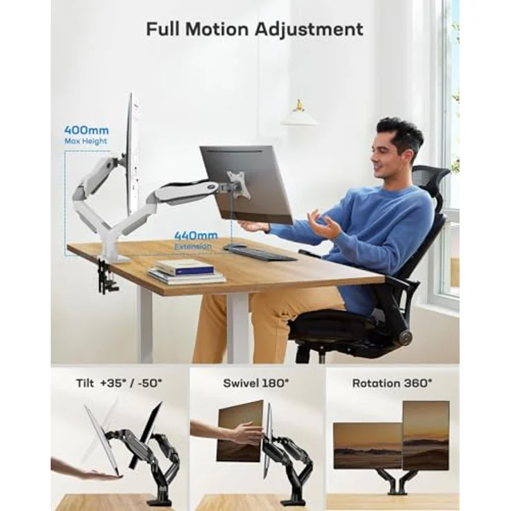 HUANUO Monitor Halterung 2 Monitore für 13 bis 32 Zoll, 360° Drehbar, VESA 75 & 100, mit 2 Montageoptionen, weiß – Bild 4