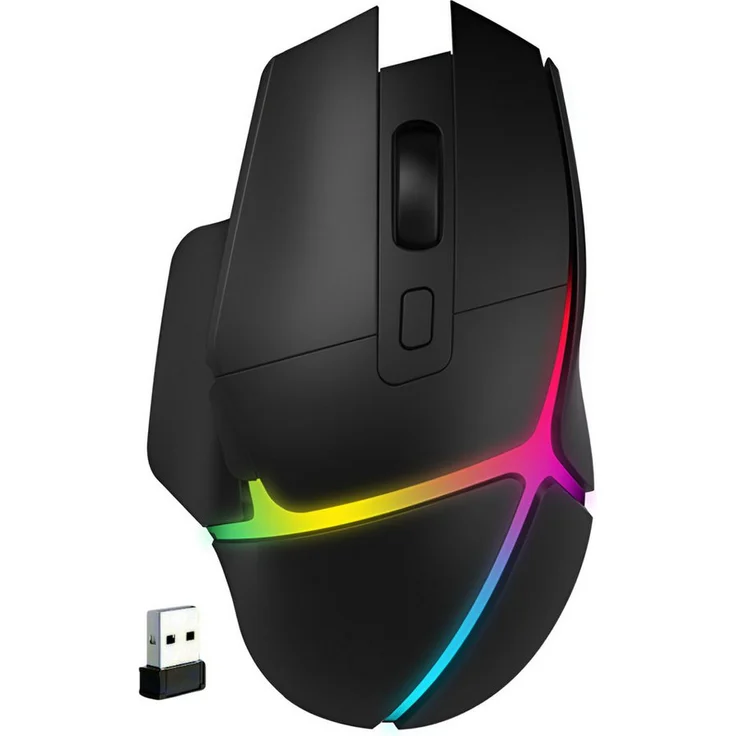 S&T Design Ergonomische RGB Gaming Maus, Kabellos, 7200 DPI, Tri-Mode Verbindung, Schwarz