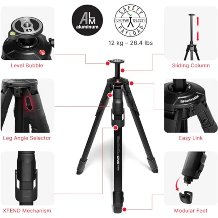 Manfrotto One Photo Alu Stativ, ultrastabil mit XTEND-Beintechnologie, 90°-Schiebesäule, Traglast bis 12 kg, modulare Füße – Bild 2
