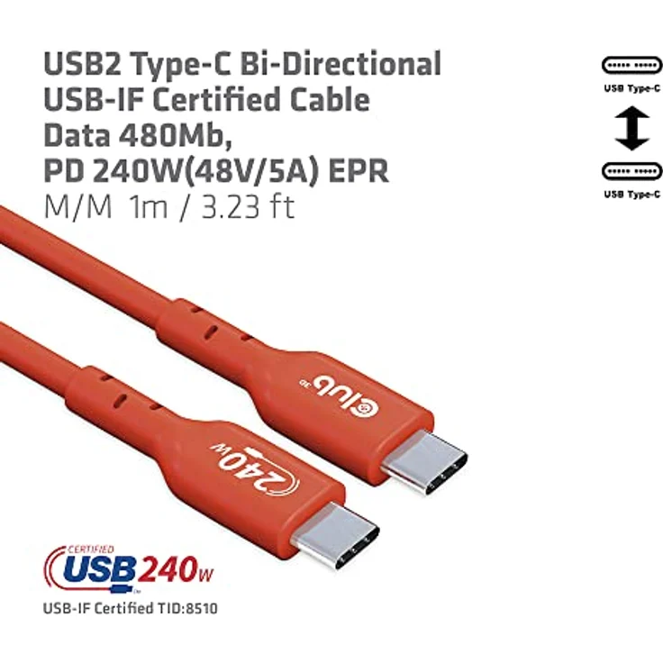 Club 3D CAC-1511 USB2 Typ-C Bi-Direktionales USB-IF zertifiziertes Kabel 480Mb, PD 240W(48V/5A) EPR St./St. 1m – Bild 5