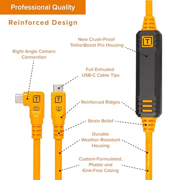 Tether Tools TetherPro USB-C auf USB-C, 9,4 m, gerade auf rechtwinkliges Kabel mit Dual-Inline-TetherBoosts, exklusiver Datenübertragung, Orange – Bild 4