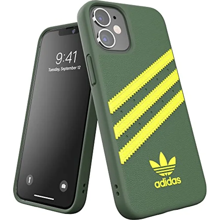adidas EX7915 Hülle für iPhone 12 Mini 5.4, Booklet Schutzhülle mit stoßfesten erhöhten Kanten, Wild Pine/Säuregelb, Original Zubehör