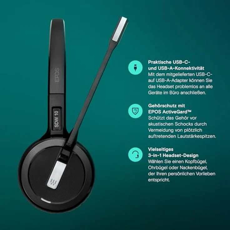 EPOS Impact 5000 Go MS 3-in-1, Professionelles DECT Wireless Headset mit Geräuschunterdrückungs-Mikrofon, Microsoft Teams Zertifiziert, 135 m Reichweite, Faltbare Ladestation & USB-A Dongle – Bild 3