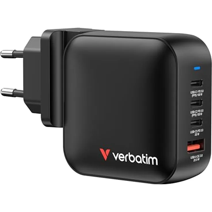 Verbatim Mini GaN Charger 100 W, 3 Ports USB-C Ladegerät mit 2 x USB-C & 1 x USB-A, Schnelles Ladegerät für MacBook, iPad, iPhone, Samsung & mehr, schwarz, inkl. EU- und UK-Adapter