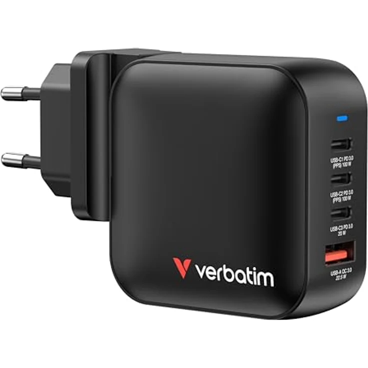 Verbatim Mini GaN Charger 100 W, 3 Ports USB-C Ladegerät mit 2 x USB-C & 1 x USB-A, Schnelles Ladegerät für MacBook, iPad, iPhone, Samsung & mehr, schwarz, inkl. EU- und UK-Adapter – Bild 1
