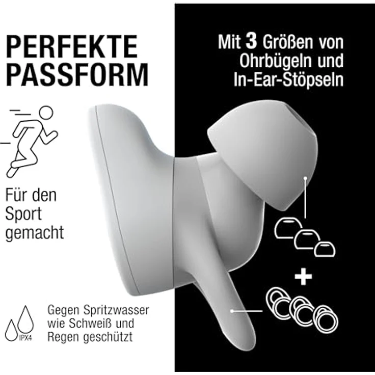 Fresh 'n Rebel Twins Move, kabellose In-Ear Bluetooth Sport Kopfhörer, Spritzwassergeschützt, Dual Master, Mit Mikrofon und klickbarer Taste und Lautstärkeregler, 30 Stunden Spielzeit (Ice Grey) – Bild 3