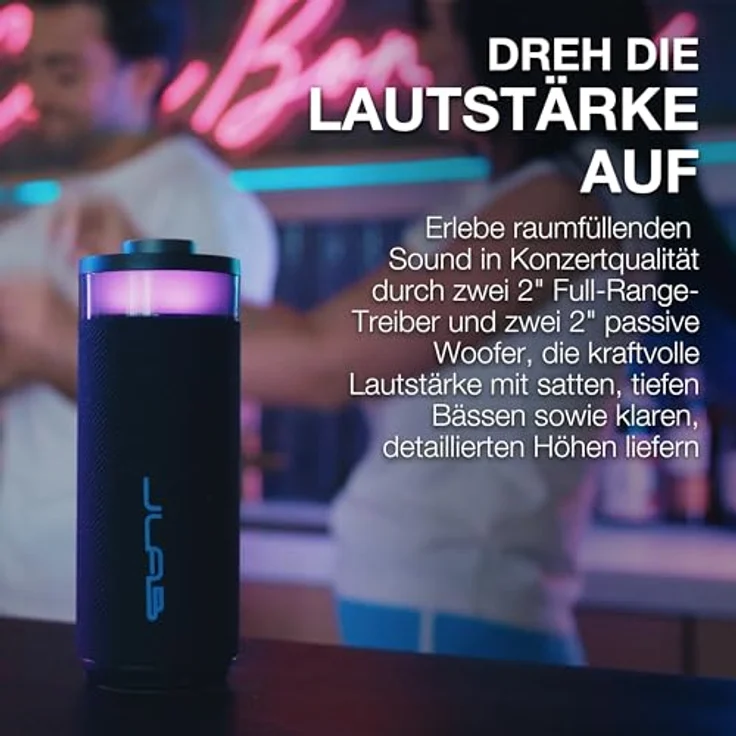 JLab Go Party Tragbarer Bluetooth Lautsprecher, 10W mit 16H+ Akkulaufzeit, RGB Licht und IP56 Wasserfest, Schwarz – Bild 3