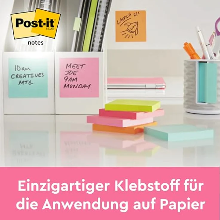 Post-it Notes Haftnotizblock Energetic 654-TFEN, 76x76mm, 6x100 Blätter, neongelb und paradiseblau – Bild 3