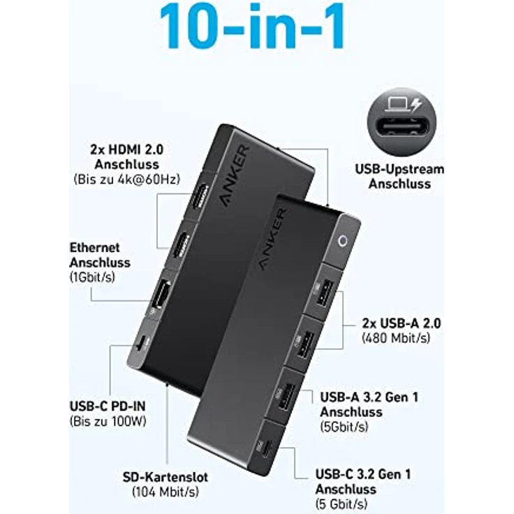 Anker 364 USB-C Hub (10-in-1) mit max. 100W Power Delivery, Zwei 4K HDMI-, einem Upstream-Anschlüssen und 4 USB-A- und USB-C-Datenanschlüssen für Dell Laptop, ThinkPad und mehr – Bild 2