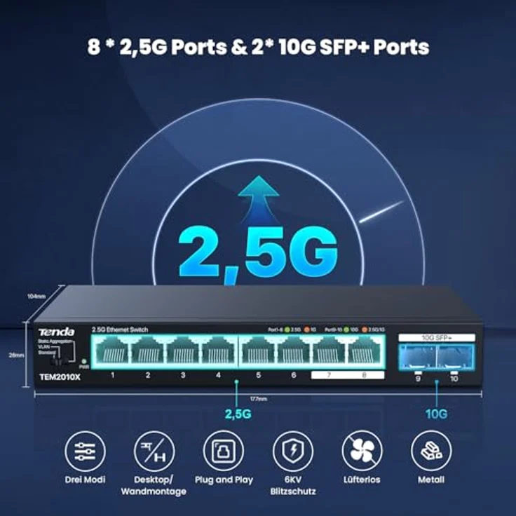 Tenda TEM2010X, 2.5 Gbit Switch mit 8x 2.5G RJ45-Ports & 2x 10G SFP+ Ports, VLAN, statische Aggregation, lüfterlos, metallgehäuse, Plug & Play, Desktop-/Wandmontage – Bild 2