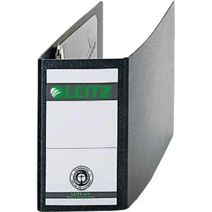 LEITZ Aktenordner Ordner 80mm DIN A6 quer Werkstoff: Hartpappe recycelt Material der Kaschierung außen: Papier Material der Kaschierung innen: Papier schwarz, Sonderformatordner mit aufgeklebtem Rückenschild