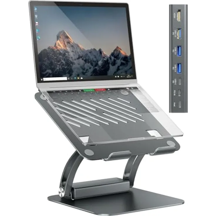 EXSYS EX-1224HM Laptopständer mit abnehmbarer 7-in-1 USB-C Dockingstation, Aluminiumdruckguss-Gehäuse, USB-C PD Ladefunktion bis 100W