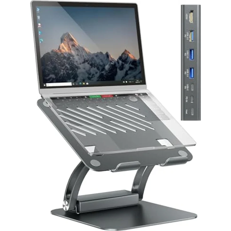 EXSYS EX-1224HM Laptopständer mit abnehmbarer 7-in-1 USB-C Dockingstation, Aluminiumdruckguss-Gehäuse, USB-C PD Ladefunktion bis 100W – Bild 1