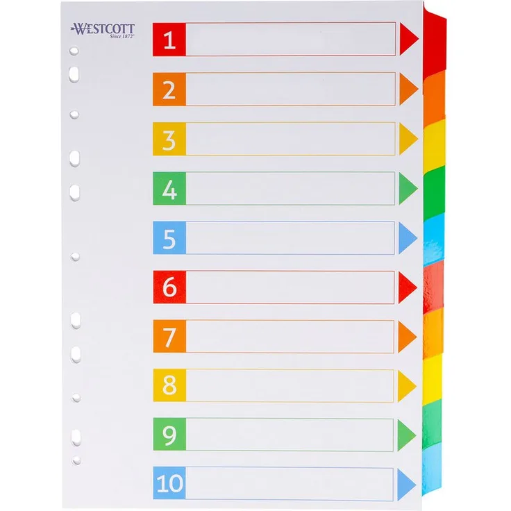 WESTCOTT Aktenordner Register für Ordner Din A4, 10 beschreibbare Tabs, 5 Farben, Robuste 160g/m², Eurolochung