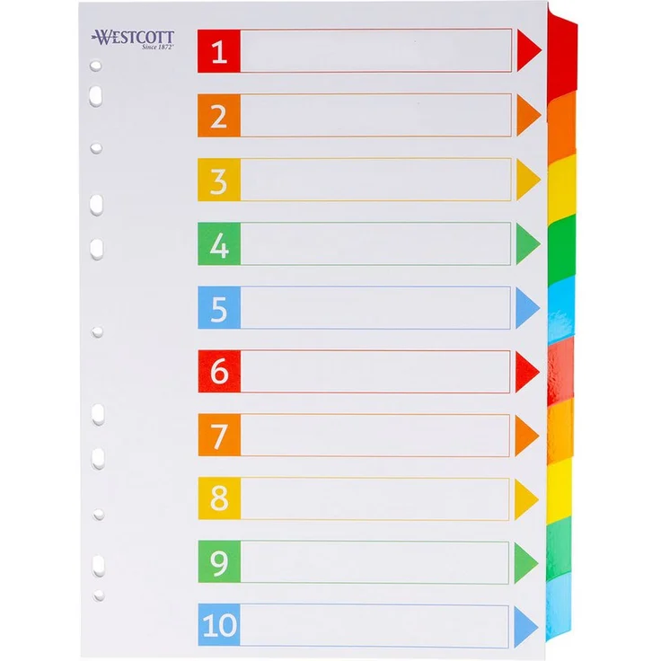 WESTCOTT Aktenordner Register für Ordner Din A4, 10 beschreibbare Tabs, 5 Farben, Robuste 160g/m², Eurolochung – Bild 1