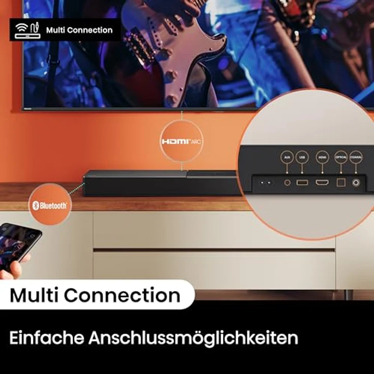 Hisense HS2000 2.1 Kanal Soundbar mit integriertem Subwoofer, 240W, Dolby Audio, Bluetooth, HDMI ARC/Optical/AUX/USB, Schwarz – Bild 5