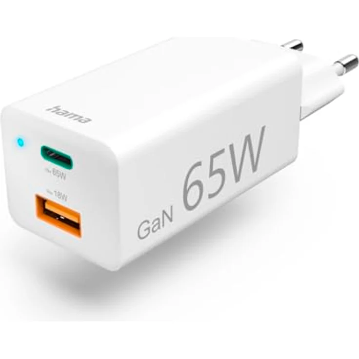 Hama Schnellladegerät, GaN, 1x USB-C PD, 1x USB-A QC, Mini-Ladegerät, 65 W, Weiß – Bild 1