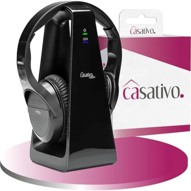 Casativo Digitaler Stereo-Funk-Kopfhörer mit 2-in-1 Funk- & Ladestation, kabellos, 30 m Reichweite, kristallklarer Sound, schwarz