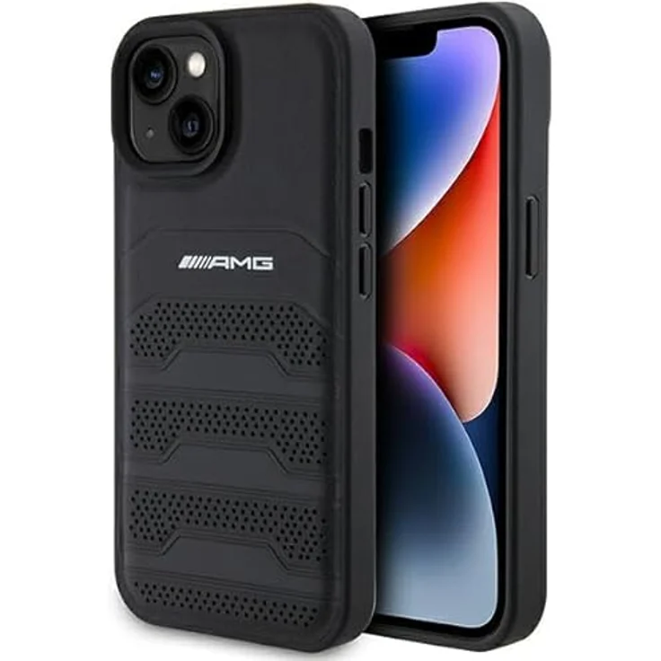 Mercedes AMG Leather Debossed Lines Case für iPhone 15 Plus, aus hochwertigem ökologischen Leder, schwarz – Bild 1