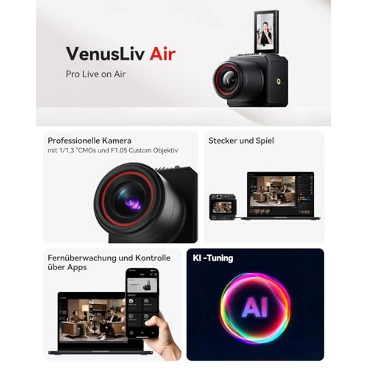Hollyland VenusLiv Air Livestreaming-Kamera, 4K30p UVC/HDMI-Ausgang, KI-Optimierung, Greenscreen, Hautverfeinerung, Farbkorrektur für 24/7-Streaming – Bild 2