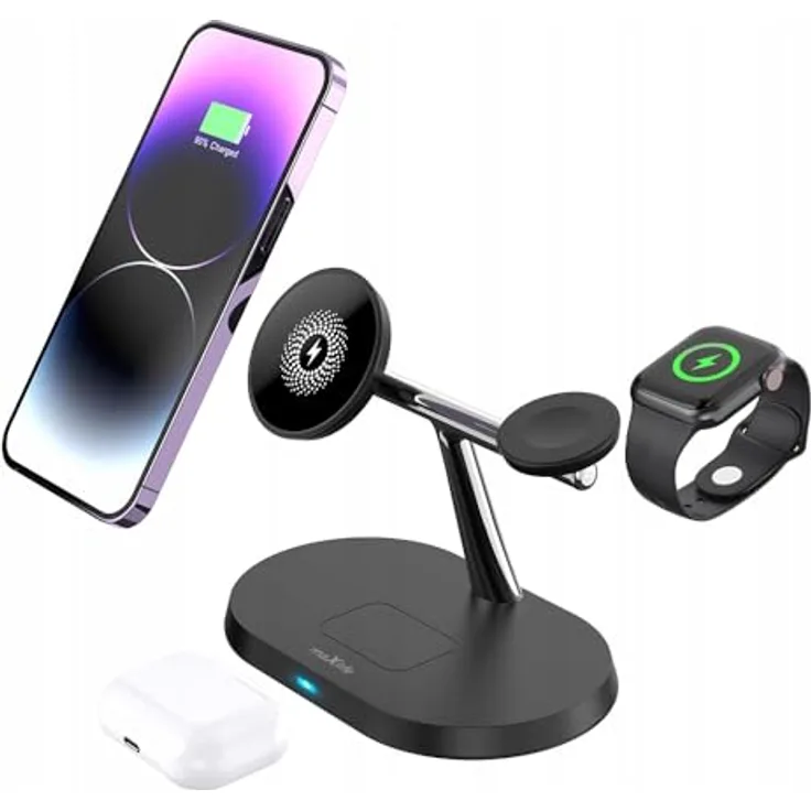 FOREVER MaxLife MXWC-03 induktives Ladegerät, 3-in-1 drahtlose Ladestation für iPhone Samsung Telefon Kopfhörer Smartwach, schnelles kabelloses Laden, minimalistisches Design, schwarz