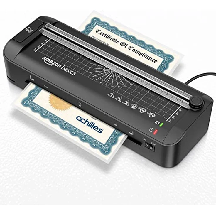 Amazon Basics 3-in-1-Thermolaminiergerät für A4-Größe, mit Funktionen zum Schneiden, Stanzen und Abrunden von Ecken, inkl. 10 Hüllen, EU-Stecker, Schwarz – Bild 5
