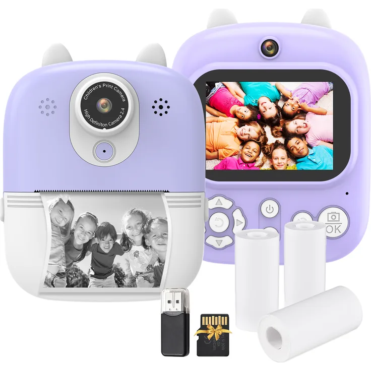 KKmoon Sofortbildkamera für Kinder, Digitalkamera mit 1080P, 2,4-Zoll-IPS-Bildschirm, 32 GB Speicher, rosa/blau/lila, inkl. 3 Rollen Druckpapier und Zubehör