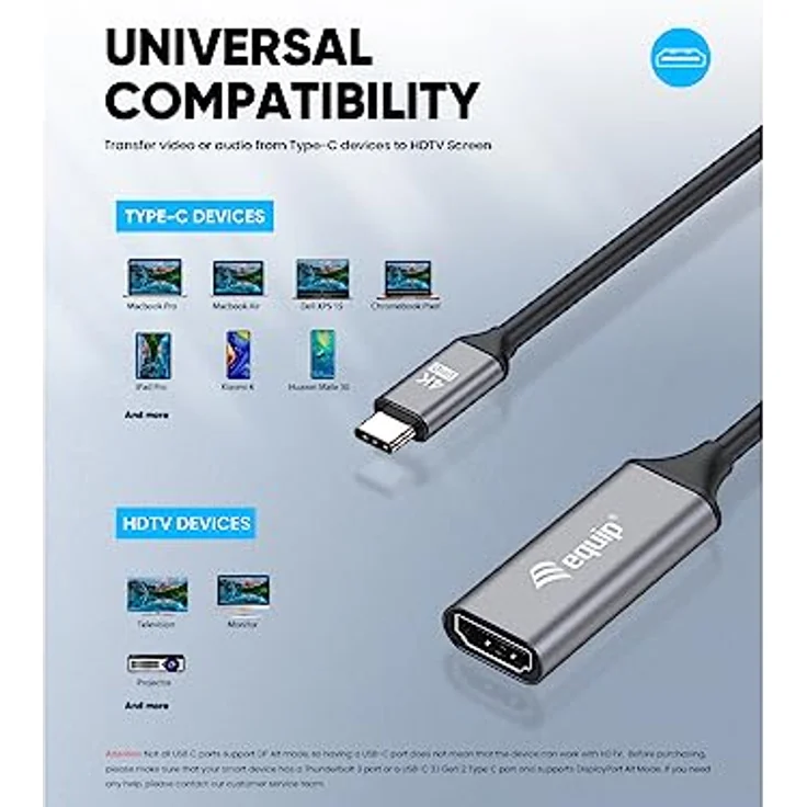 Equip 133491 USB-C-auf-HDMI-2.0-Adapter, 4K/60Hz mit vergoldeten Anschlüssen, 15 cm Kabellänge, Aluminiumgehäuse – Bild 5