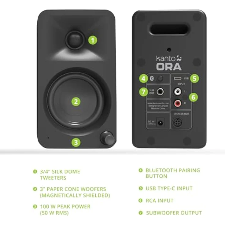 Kanto ORAMB 100W Powered Reference Desktop Computer Speakers | Bluetooth 5.0 | USB-C Input | Bi-Amplified | 100 Hz Automatic Crossover | Black – Bild 2