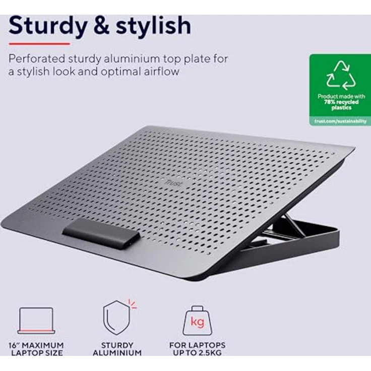 Trust Exto Laptop-Kühler, Laptopständer, Einstellbare Höhe, Recyceltem Material Gefertigt, Ständer für Notebook, MacBook, HP, Lenovo, Dell, Grau – Bild 2