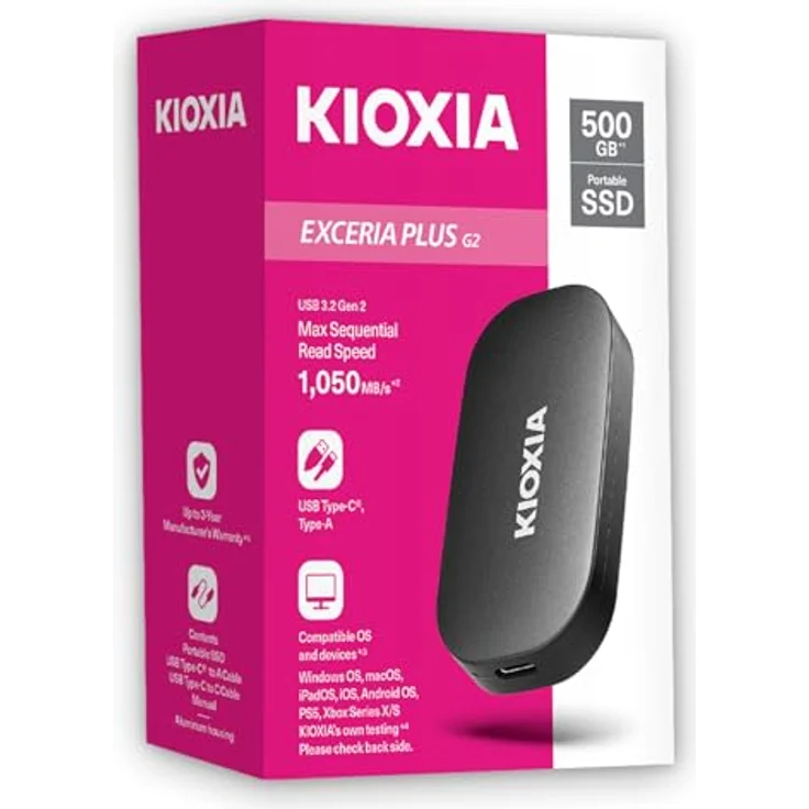 Kioxia EXCERIA PLUS G2 500GB Portable SSD, USB 3.2 Gen2, 1.050 MB/s Lesen, 1.000 MB/s Schreiben, Schwarz – Bild 1
