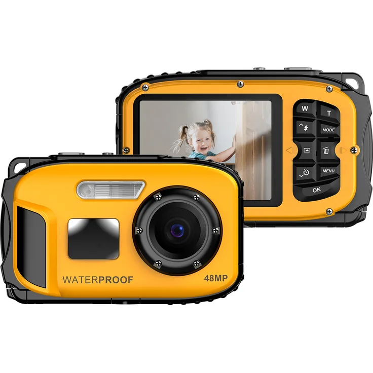 Lixada 1080P wasserdichte Digitalkamera, 48 MP, IP68, 2,4-Zoll-IPS-Bildschirm, 4-facher Digitalzoom, Gelb