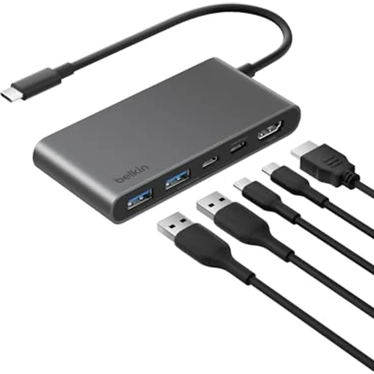 Belkin USB C Hub, 5-in-1 Docking Station mit 4K HDMI, 100 W Power Delivery, 5 Gbit/s Datentransfer, USB-C Adapter für MacBook, iPad Pro, Chromebook – Grau