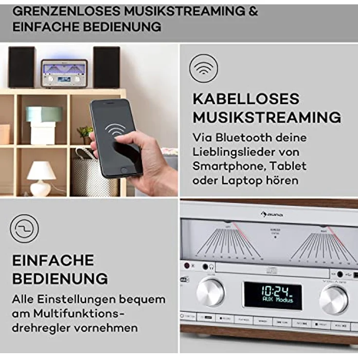 Auna DAB Radio CD-Player für Zuhause, FM/DAB/DAB+ Radio mit Bluetooth und AUX, 25W Abnehmbare Micro-Lautsprecher, LCD-Display, Fernbedienung, MP3, USB & Musik-Streaming, DAB Radio Netzbetrieben – Bild 4