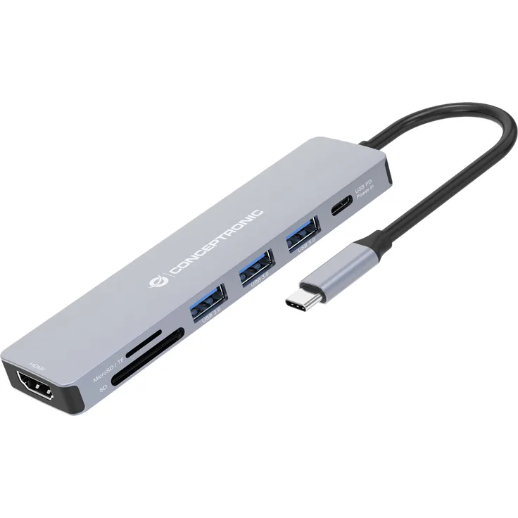Conceptronic DONN19G 7-in-1 USB 3.2 Gen 1 Dockingstation - HDMI - USB-A 3.0 x 3 - 100W USB PD - Grau - 5 Gbit/s