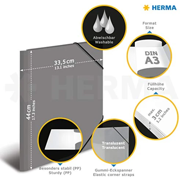 HERMA HERMA Sammelmappen A3 PP transluzent weiss, Aktenordner mit Gummizug und 3 Einschlaglaschen – Bild 6