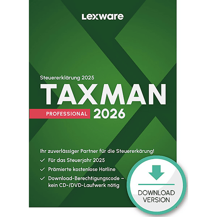 Lexware TAXMAN PROFESSIONAL 2026, Steuersoftware mit 1-Platz-Lizenz für bis zu 50 Steuererklärungen, inkl. Belegmanager und Elster-Assistent