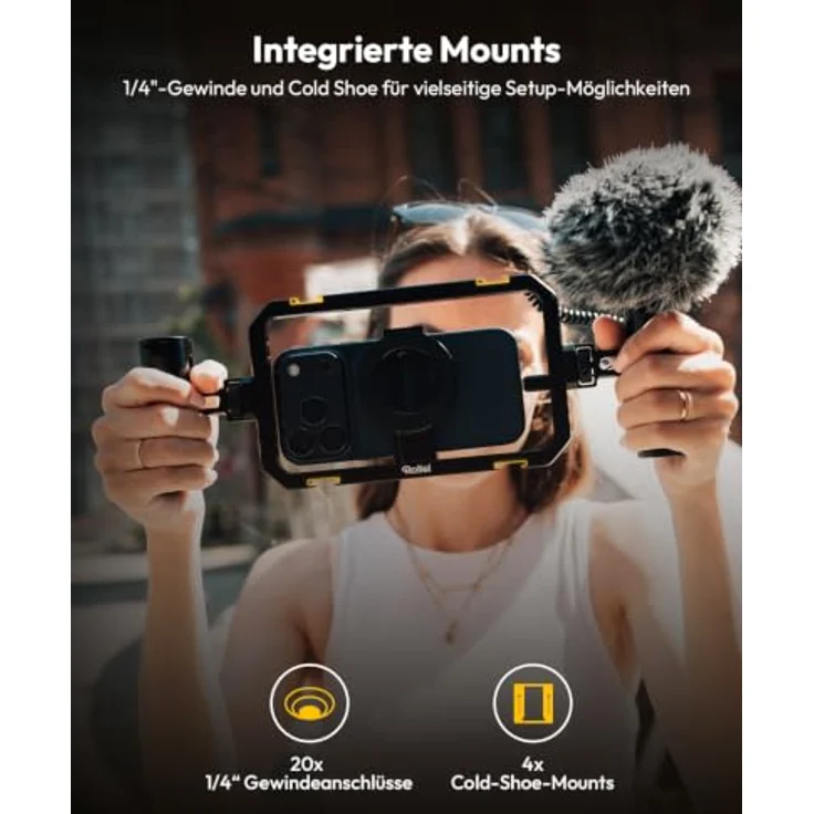 Rollei Universal Smartphone Cage All-in-One Video Rig, Aluminium, ergonomische Griffe, kompatibel mit MagSafe, 20 Gewinde und 4 Cold Shoes – Bild 3