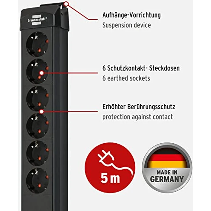 Brennenstuhl Premium-Line Steckdosenleiste 6-Fach mit Überspannungsschutz bis zu 60.000 A (Mehrfachsteckdose mit Schalter und 5m Kabel, Steckdosenleiste Wandmontage, Made in Germany) schwarz – Bild 2