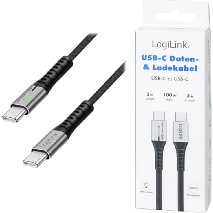 LogiLink CU0425 USB-C Kabel, 3m, 100W, Nylon-Mantel, mit LED-Anzeige, schwarz – Bild 7