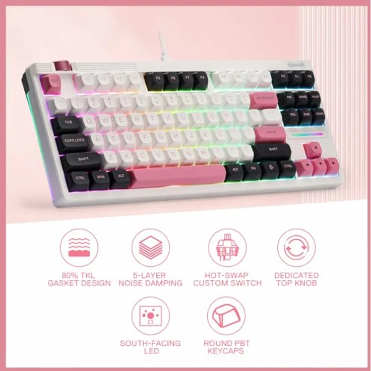Redragon K729 RGB-Gaming-Tastatur, 80% TKL mit 87 Tasten, kabelgebunden, PBT-Tastenkappen, linearer Schalter, US-Layout, 5-lagige Geräuschdämpfung, einstellbare Beleuchtung und Mediensteuerung – Bild 2