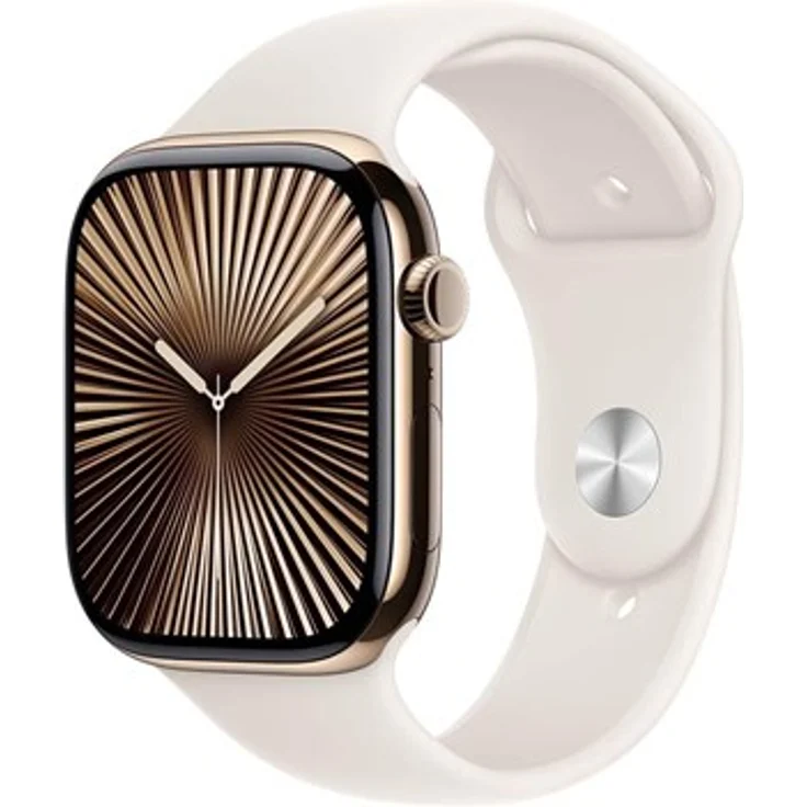 Apple Watch Series 10, GPS + Cellular 46mm, Gold Titanium Case mit Starlight Sport Band (S/M), 64 GB