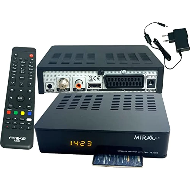 M@TEC Amiko MIRA3 HD Sat Receiver mit Aufnahmefunktion, Kartenslot, Timeshift, HDMI, PVR, USB, WiFi, AAC-LC, SCART, Coaxial - Sat Receiver HD für Satelliten, 12V Netzteil + HDMI Kabel - Schwarz – Bild 1