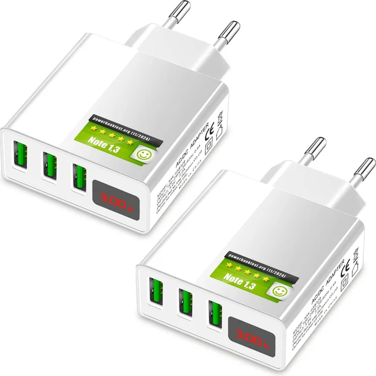 Eaxus® USB Ladegerät 3A, 3 Port Netzteil mit LCD-Display & Schnellladefunktion, Weiß, 2er Set