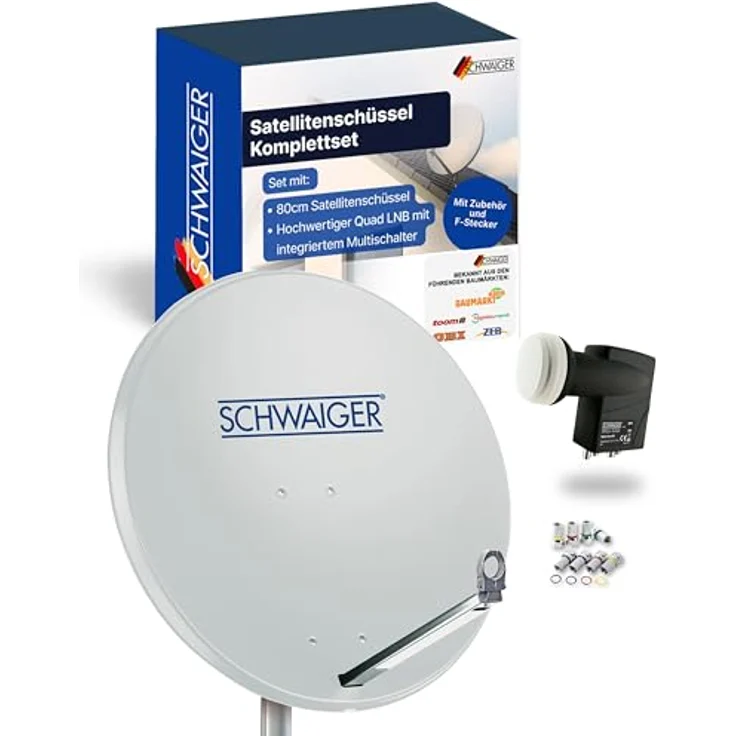 Schwaiger Satellitenanlage Set, Hellgrau Aluminium, 75 cm Offset-Antenne mit Quad-LNB für 4 Teilnehmer – Bild 1