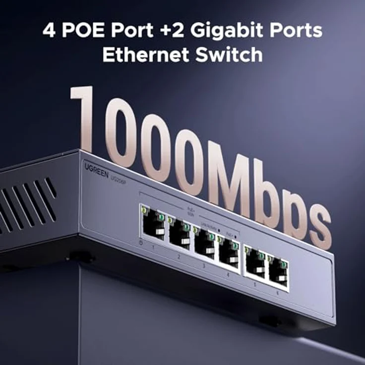 UGREEN PoE Switch 6 Port Gigabit LAN Switch, 4 PoE+2 Gigabit-Ports, 60W, VLAN, IEEE 802.3af/at, Plug-and-Play, robustes Metallgehäuse – Bild 3