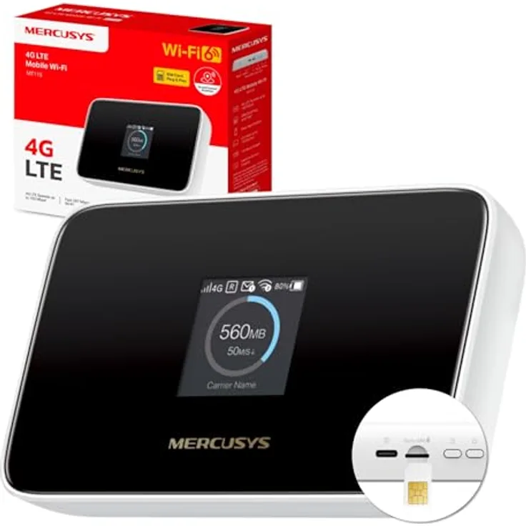 Mercusys Mercu-MT XX, Router mit 4G LTE und WiFi 6, Weiss/Schwarz, 2400 mAh Akku für 10 Stunden Nutzung